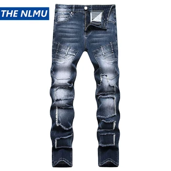Уличная мода, узкие джинсы, мужские хип-хоп Y2K, синие джинсовые брюки, рваные лоскутные трендовые мужские джинсы