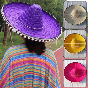 Уличные Соломенные шляпы в мексиканском стиле с разноцветными краями, подарок на все сезоны, Мужские, Женские, декоративные, с широкими полями, для детских Вечеринок, Ретро-Кепки