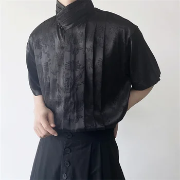 Улучшенная рубашка со стоячим воротником в китайском стиле, мужская летняя рубашка из атласа и жаккарда 2023, топ с коротким рукавом