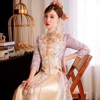 Фиолетовые Изысканные Блестки, вышивка Бисером, Кисточка, Традиционное Китайское Свадебное платье для Жениха и Невесты, Женитьба на Чонсам Свадебное платье