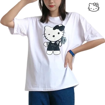 Футболка Kawaii Sanrio Hello Kitty с Мультяшным Принтом, Свободный Универсальный Топ с короткими рукавами для Девочек в Академическом Стиле, Простая Повседневная Одежда