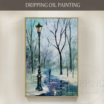 Художник вручную нарисовал высококачественные снежные пейзажи маслом на холсте, специальный одинокий дорожный бродяга и уличный фонарь маслом