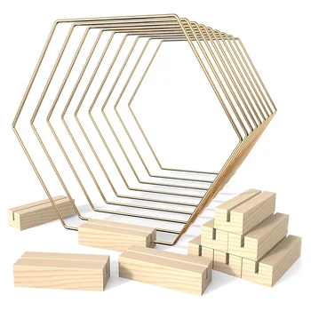 Центральное кольцо из 10 упаковок с 10 деревянными держателями для карточек 9,1-дюймового шестиугольного металла для украшений, поделок на свадебном столе