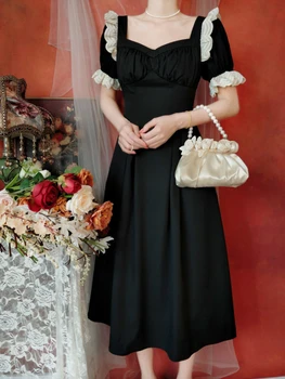 Черное винтажное платье HOUZHOU, Женское Элегантное Кружевное Лоскутное платье с коротким рукавом, Квадратный воротник до середины икры, Пышный халат во французском стиле