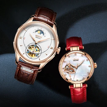 Швейцарский Люксовый бренд NESUN, Японские Автоматические механические часы для пары, Водонепроницаемые Часы-скелет с бриллиантами Фазы Луны 37/78