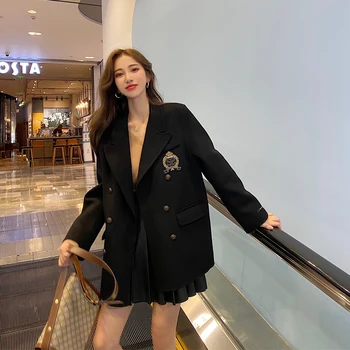 Шелковый костюм, двустороннее кашемировое пальто, женская осенне-зимняя новинка, корейская версия, свободное двубортное шерстяное пальто с эмблемой