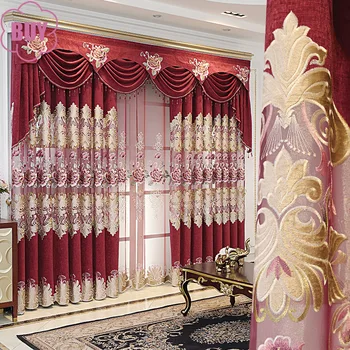 Шторы в европейском стиле для гостиной, столовой, спальни, легкие Роскошные шторы с белоснежной вышивкой, Красные шторы, Балдахин, тюль