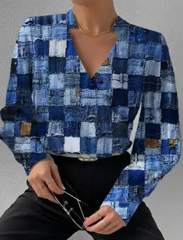 Элегантная и красивая Женская рубашка, Блузка, Осень 2023, Новая Женская Офисная модная рубашка с длинными рукавами и V-образным вырезом, Женская рубашка