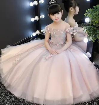 Элегантное Розовое тюлевое платье с цветочным узором для девочек, детское праздничное платье, свадебное платье Принцессы без плеч, платье для первого причастия