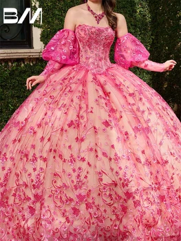 Ярко-Розовое Съемное Пышное Платье с Пышными рукавами 2023 на Шнуровке, Vestidos De 15, Пышное Платье, Сладкие 15 Платьев, Цветочная Вечеринка